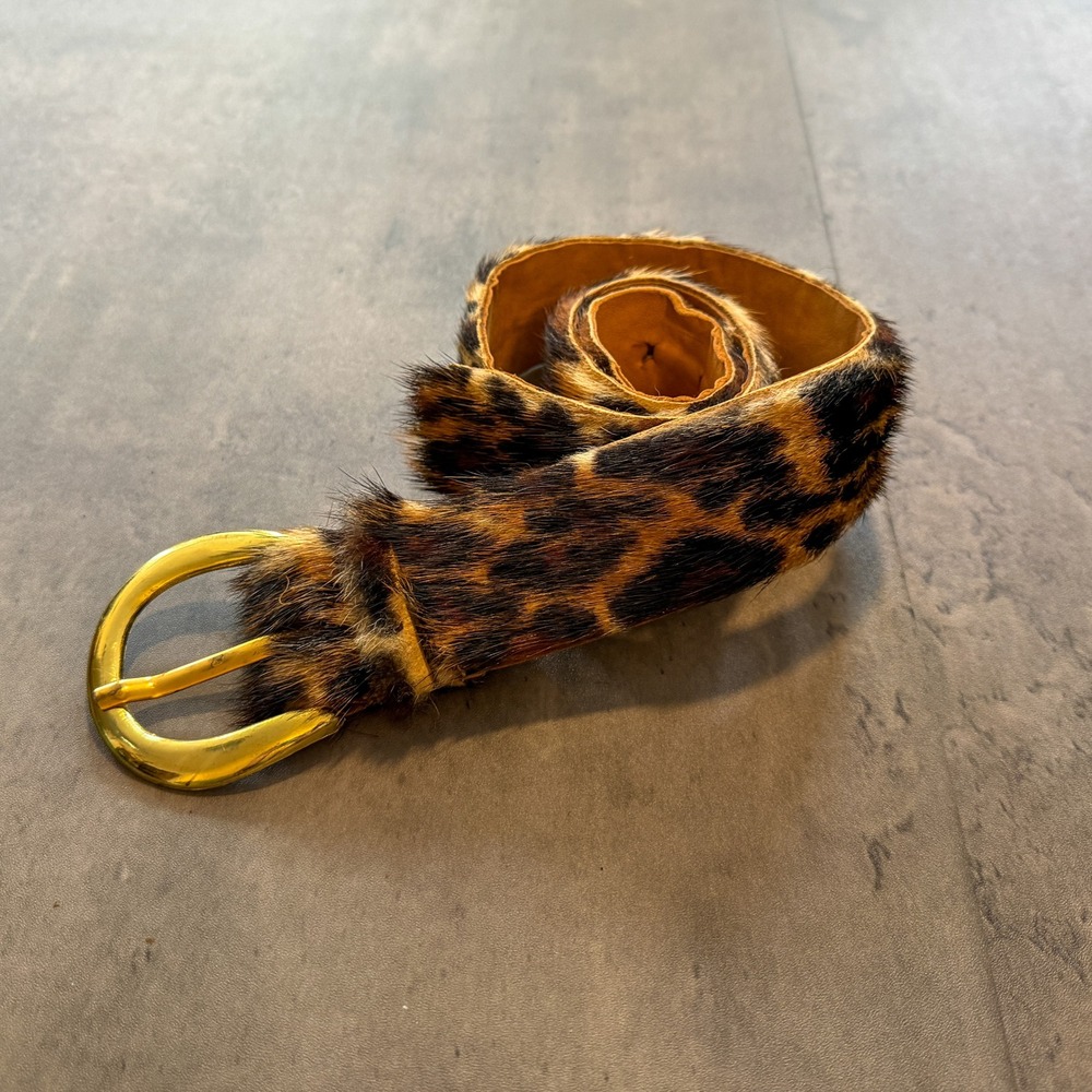 Vintage VTG Y2K 2000's 00's Leopard Print Faux Fur Belt Gold Buckle